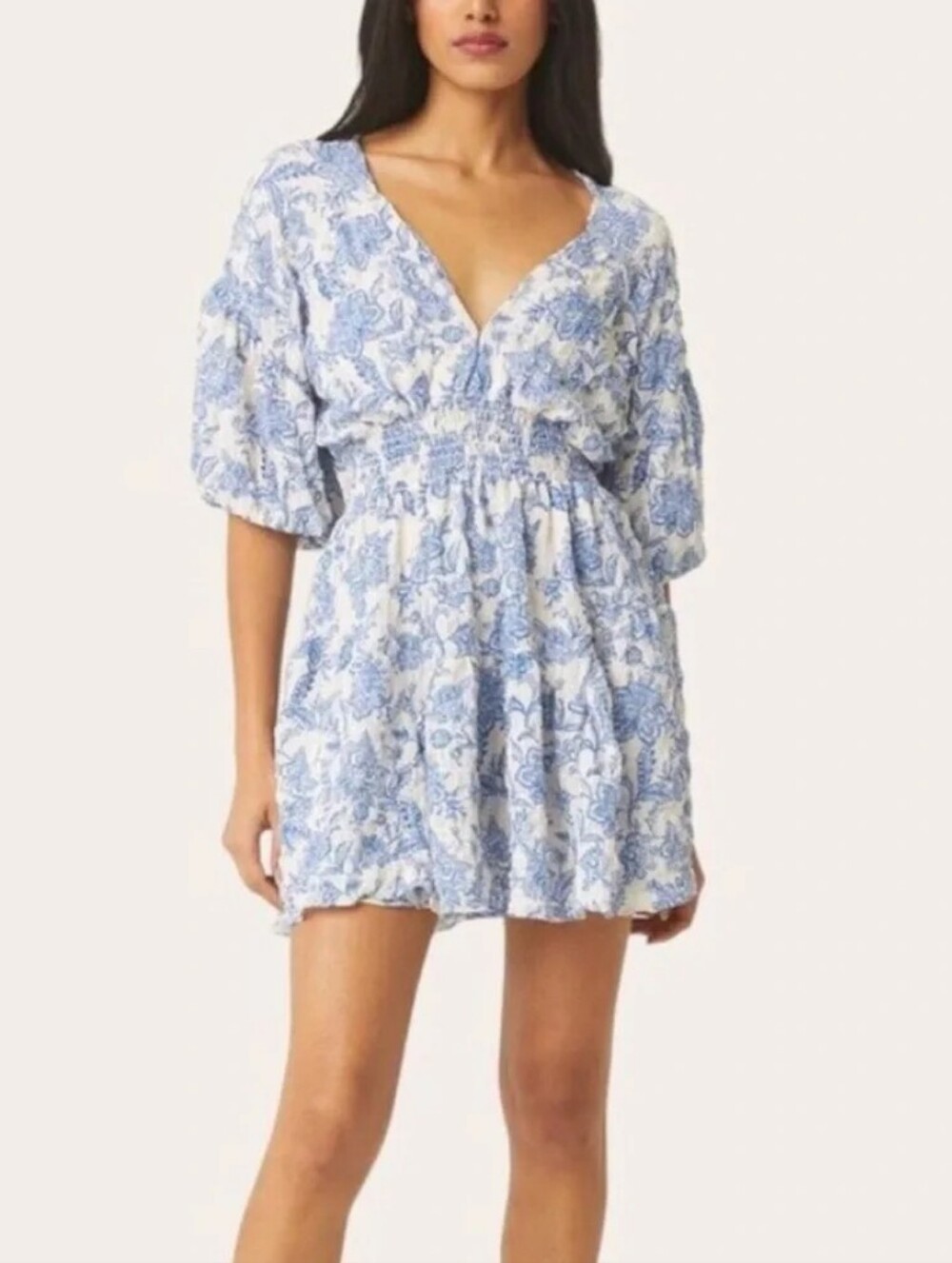 Misa Women's Floral Mini Dress V-neck Gauze Smocked Open Back Medium